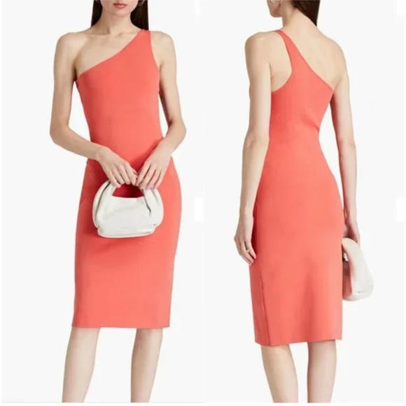 A.L.C. Colby Asymmetric One Shoulder Stretch Knit Bodycon Midi Dress Coral NWT - Picture 1 of 6
